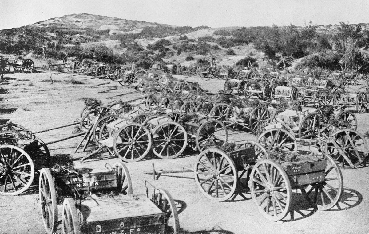 Some of the allied ammunition wagons abandoned during the evacuation of Gallipoli, December 1915, parked by the Turks at Ari Burnu.