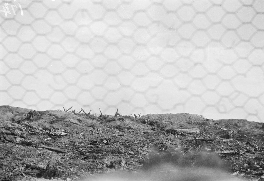  Turkish trenches at Quinn's Post, looking through a bomb-proof screen. Wire, rifles, bomb tins, and debris of old attacks are scattered across no-mans-land.