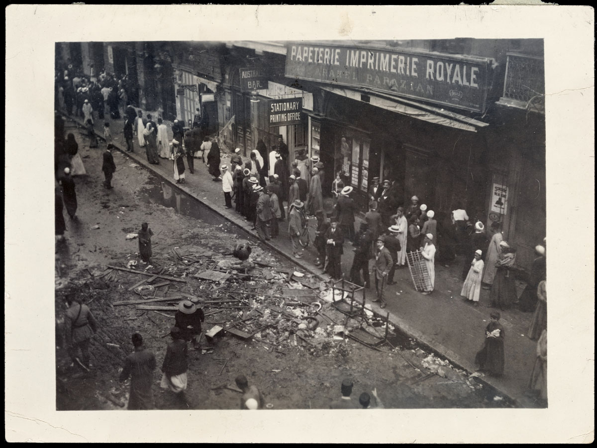 Haret el Wasser, a street in red-light district of Cairo after the riots in 1915. Haret el Wasser, a street in red-light district of Cairo after the riots in 1915.