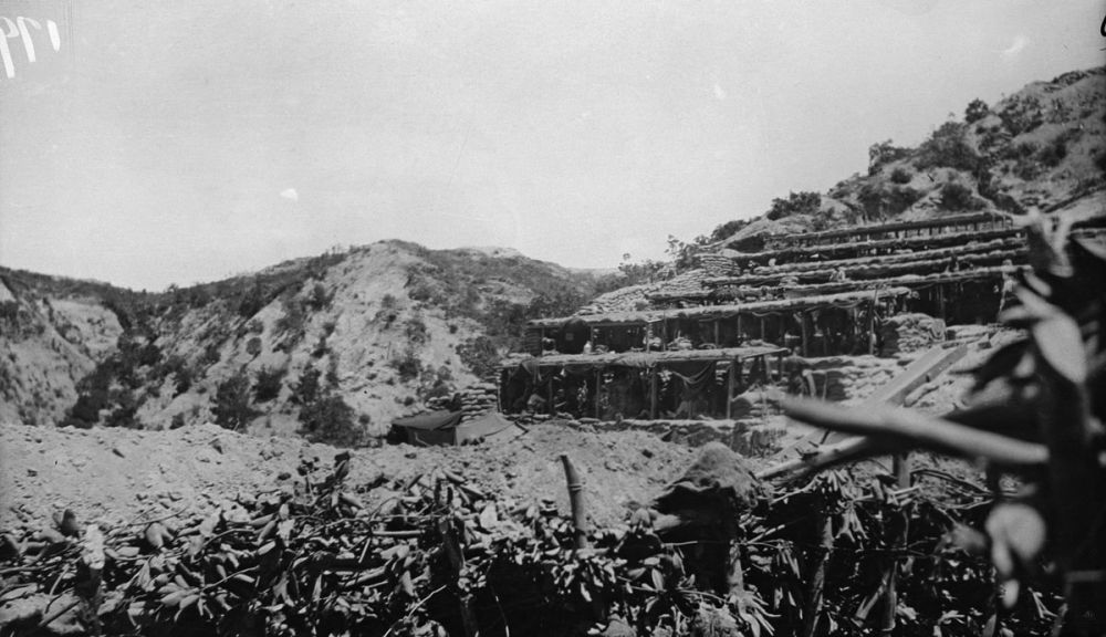 Terraces and shelters on the hillside. The New Zealand engineers and infantry under Colonel Malone made great improvements to Quinn's Post on Anzac. July 1915.