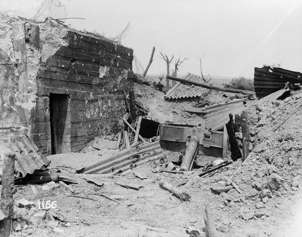 A German 77mm gun emplacement destroyed by New Zealand soldiers during the Messines battle.